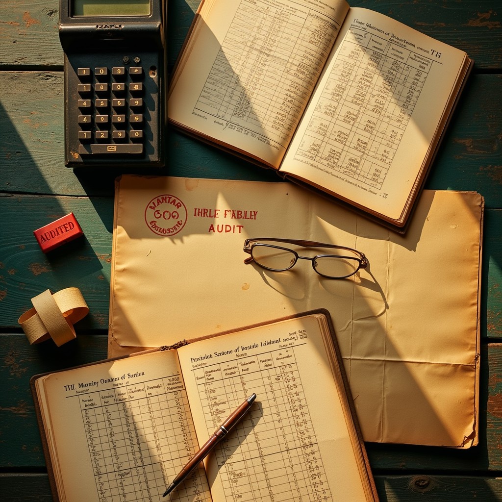 Vintage accounting workspace with calculator and ledger